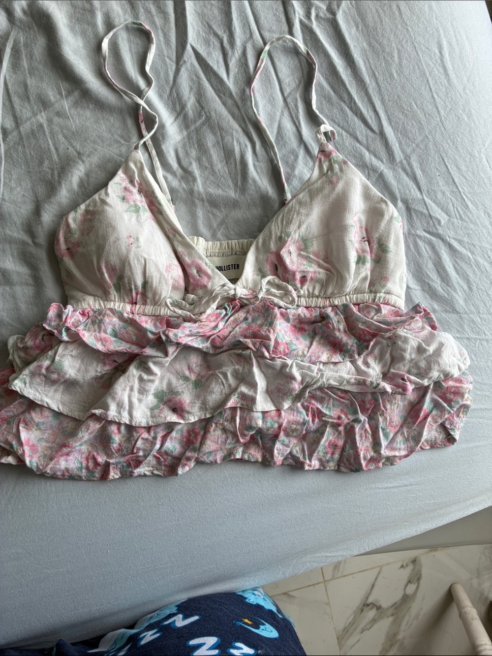 Hollister White and Pink Floral Ruffle crop top